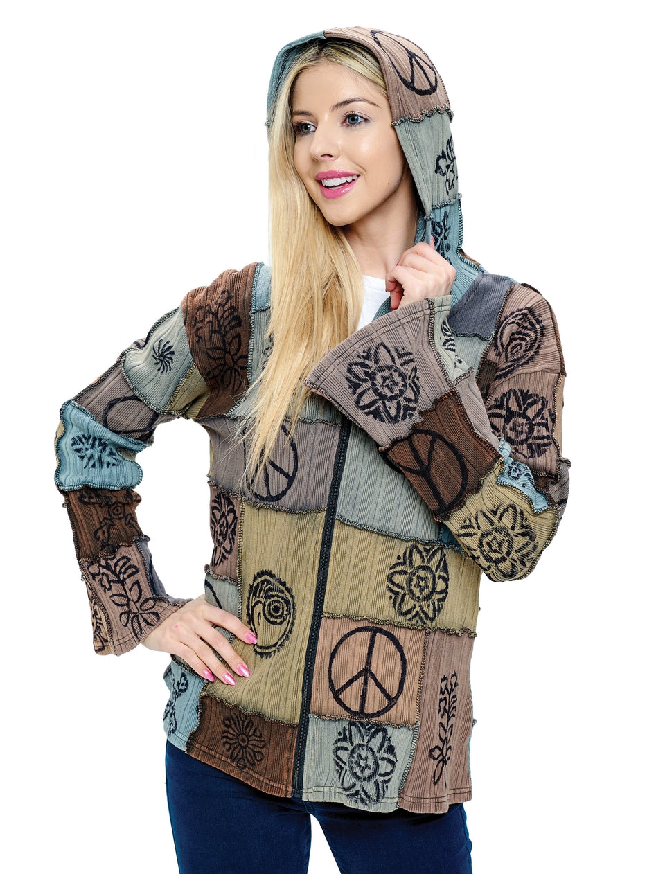 Patchwork & Block Printed Hoodie ~ Grays & Browns