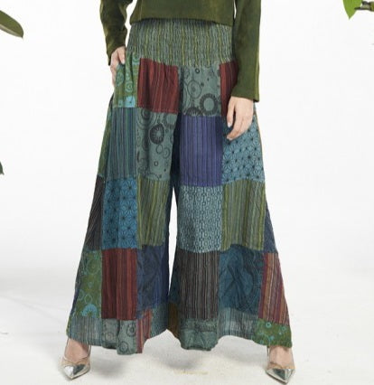 Wide Leg Patchwork Pants with Ruched Waistline