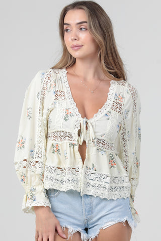 Cream Print with Lace Blouse