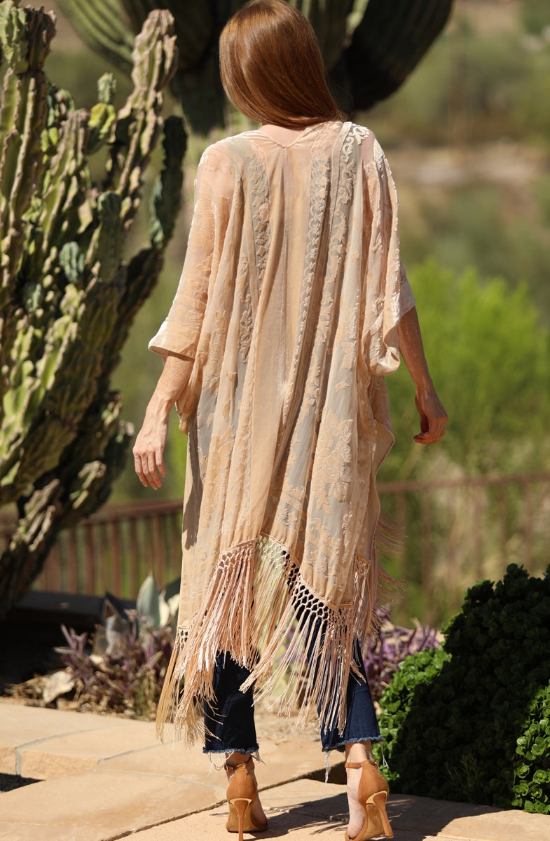 Velvet Kimono ~ Burnout Floral Design with Fringe ~ Cream