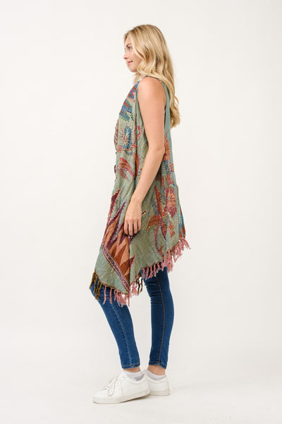 Embroidered Long Vest ~ Green & Mocha