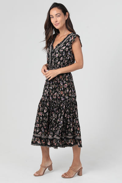 Tiered Dress with Flutter Sleeves ~ Black Print