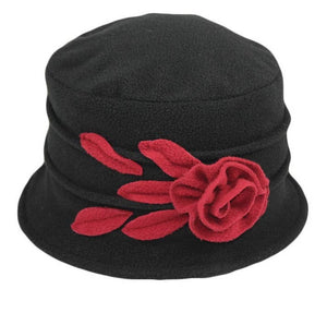 Fleece Cloche Hat ~ Black with Burgundy Flower Detail