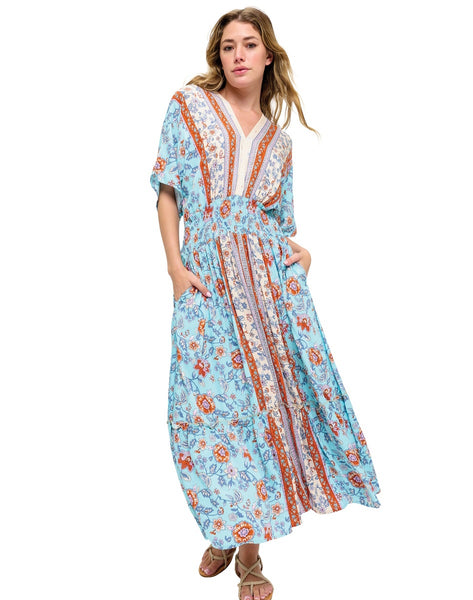 Floral Dress with Ruched Waist ~ Corn Flower Blue
