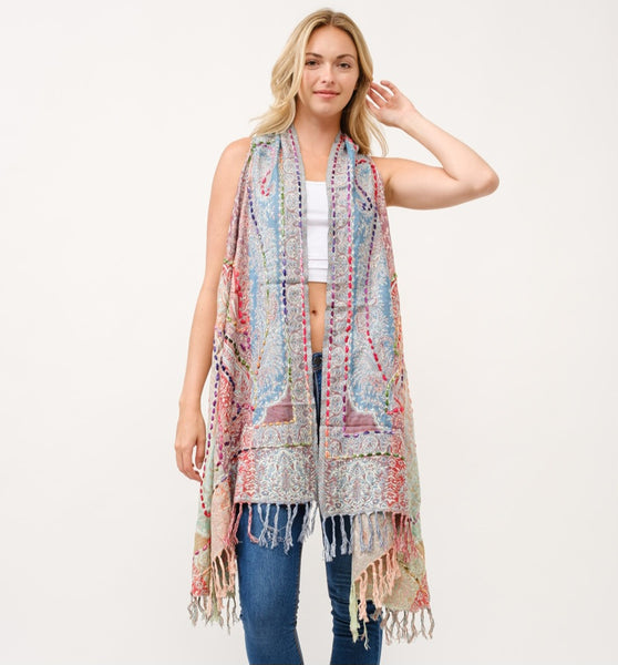 Lovely Long Embroidered Vest ~ Pastel Rainbow