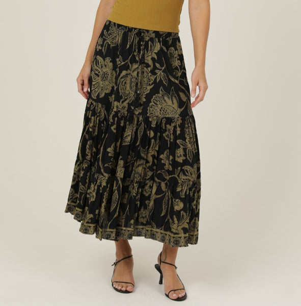 Lovely Tiered Maxi Skirt ~ Black and Olive Print