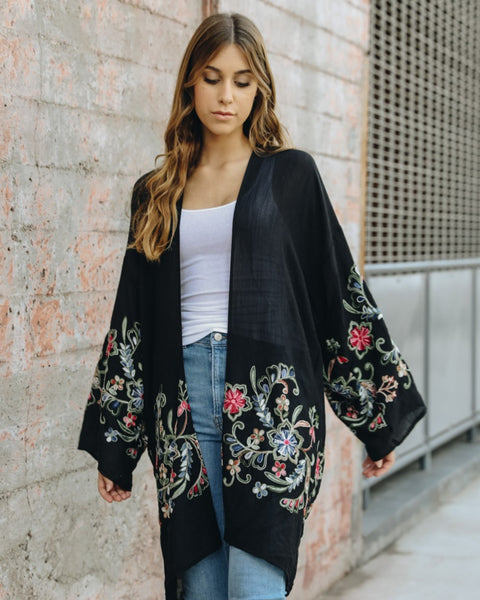 Beautifully Embroidered Kimono Jacket ~ Black