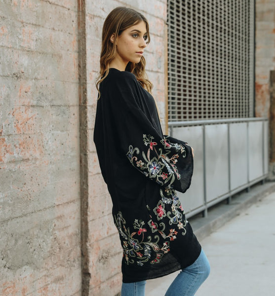 Beautifully Embroidered Kimono Jacket ~ Black