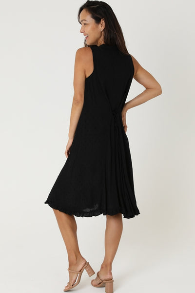 Sleeveless Summer Black Dress with Embroidered Floral Neckline