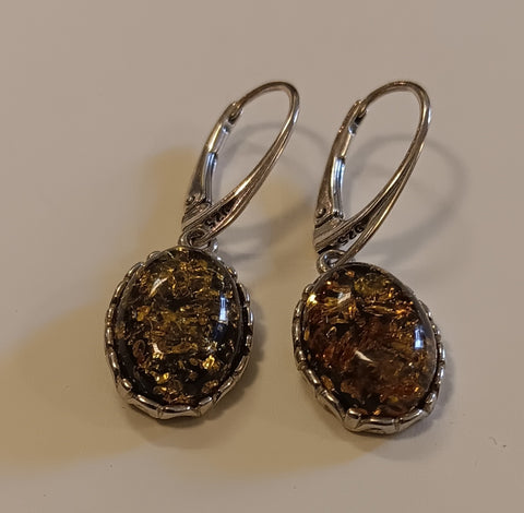 Amber & Sterling Silver Earrings ~ Drops with Filigree Boarder
