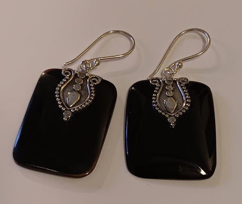 Sterling Silver & Black Shell Earrings ~ Embellished Squares