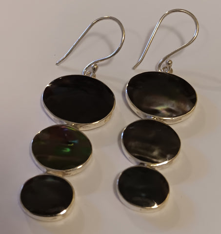 Sterling Silver & Black Shell Earrings ~ Three Ovals