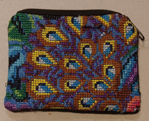 Guatemalan Embroidered Pouch ~ Small ~ Peacock Feathers