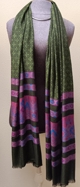 Pashmina with Striped Border ~ Olive Green