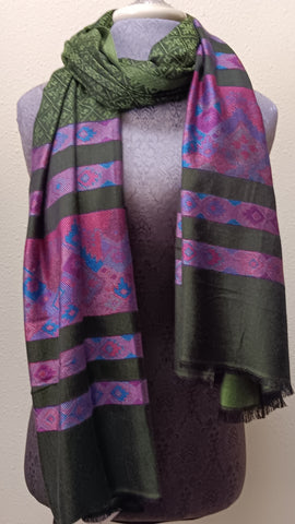 Pashmina with Striped Border ~ Olive Green