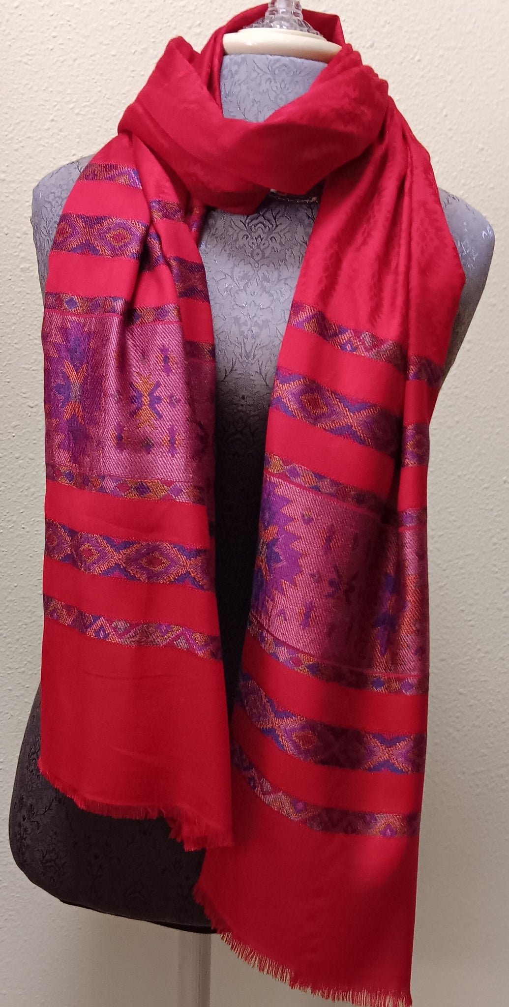 Pashmina with Striped Border ~ Red