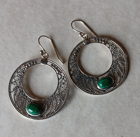 Sterling Silver Earrings ~ Filigree Circles & Malachite