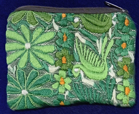 Guatemalan Embroidered Pouch ~ Small ~ Green Bird