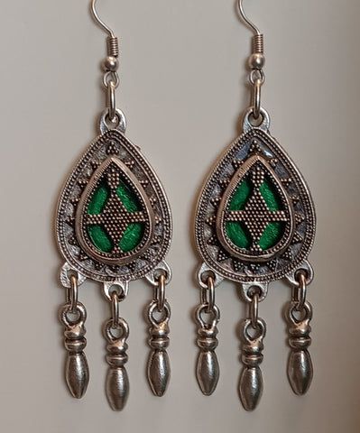 Turkish Earrings ~ Pewter & Green Glass