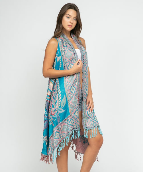 Sweet Long Embroidered Vest ~ Turquoise