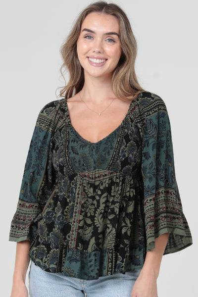Olive and Black Print Blouse