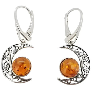 Amber & Sterling Silver Earrings ~ Crescent Moons