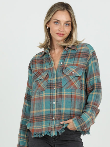 Soft Flannel Shirt ~ Aqua & Rust