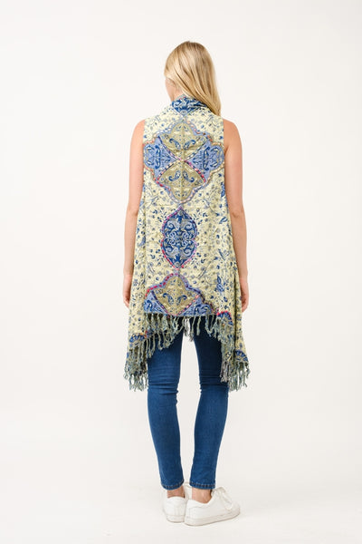 Embroirdered Long Vest ~ Lime & Blue