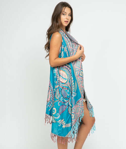 Sweet Long Embroidered Vest ~ Turquoise