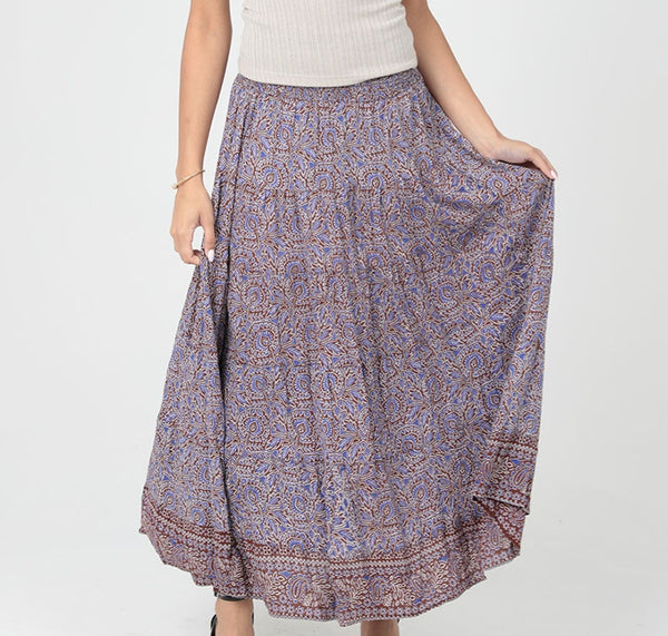 Tiered Maxi Skirt ~ Purple & Brown Print