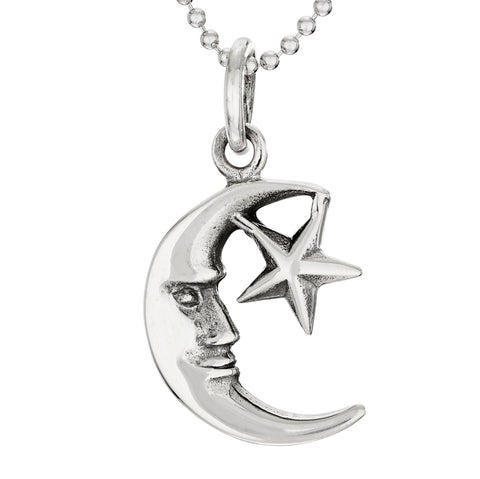 Crescent Moon & Stars Sterling Silver Pendant