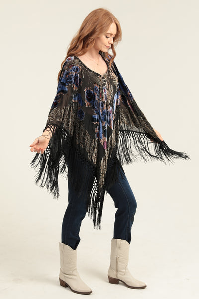 Velvet Poncho ~ Burnout Design with Fringe Black