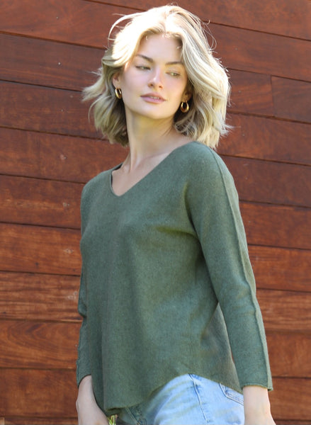 Italian V-Neck Sweater - Olive Green