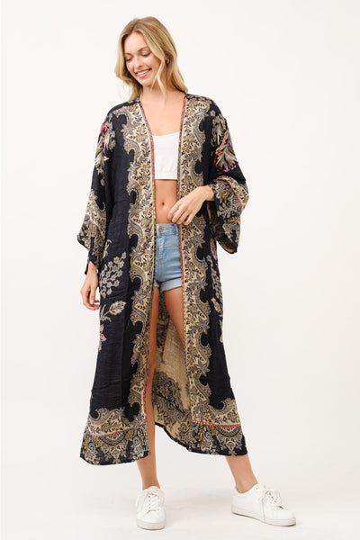 Embroirdered Duster Kimono ~ Black & Tan