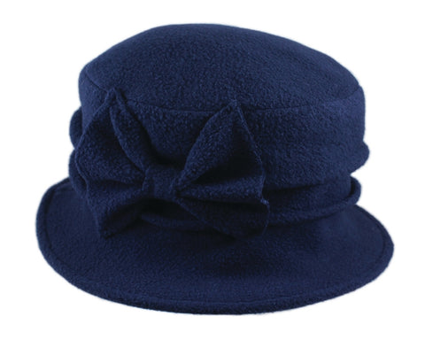 Fleece Cloche Hat with Bow ~ Navy Blue