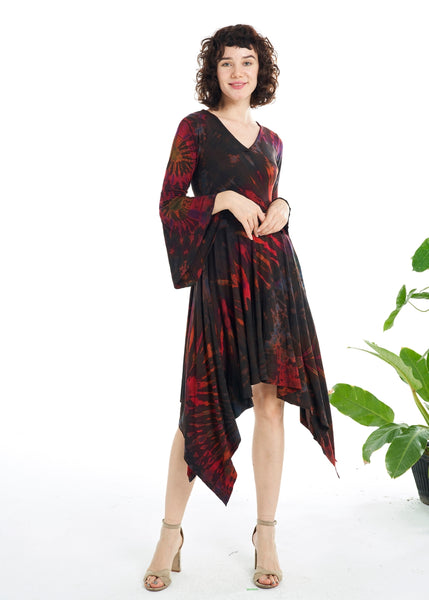Bell Sleeve Dress ~ Hankie Hem ~ Brown Tie-dye