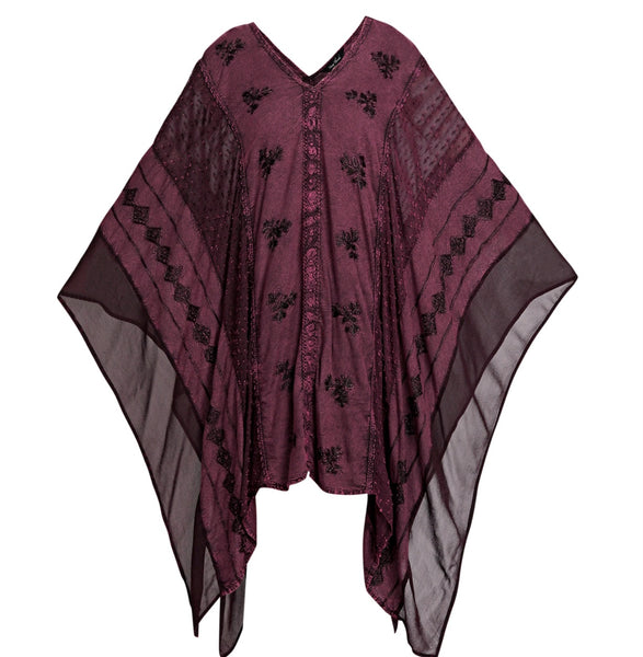 Beautiful Sheer Embroidered Poncho ~ Burgundy