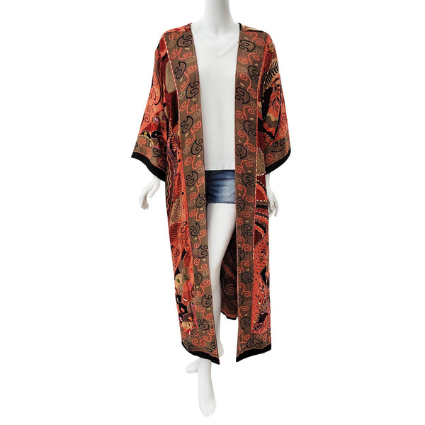 Embroidered Duster Kimono ~ Rust & Olive