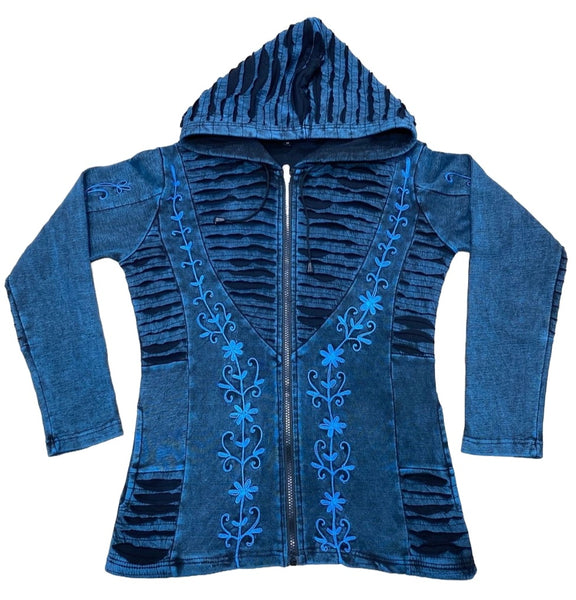 Cotton Zippered Embroided Hoodie ~ Blue