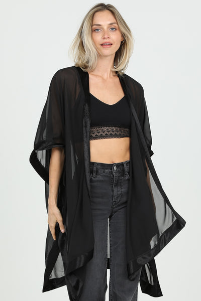 Elegant Sheer Black Kimono with Velvet Edges
