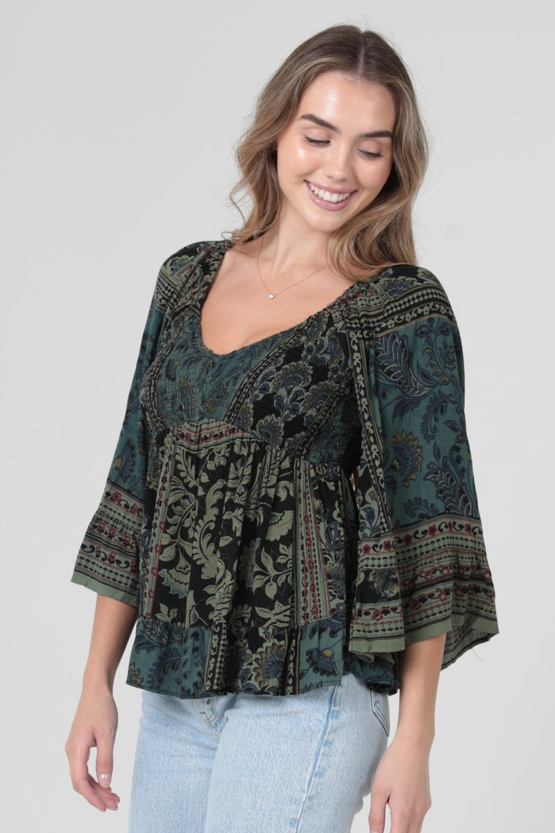 Olive and Black Print Blouse
