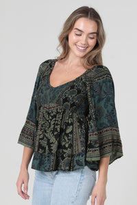 Olive and Black Print Blouse
