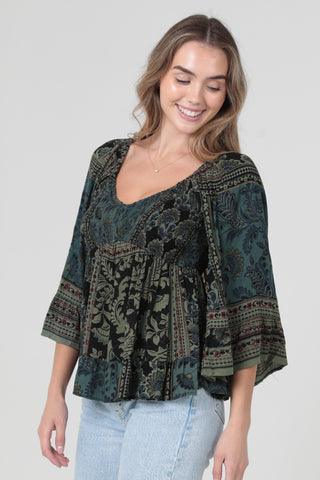 Olive and Black Print Blouse