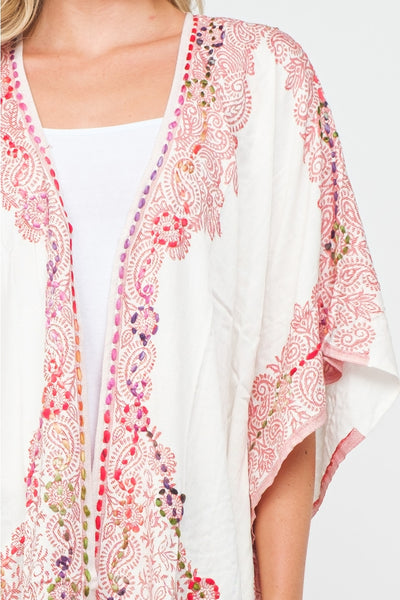 Embroidered Kimono Jacket ~ White & Coral