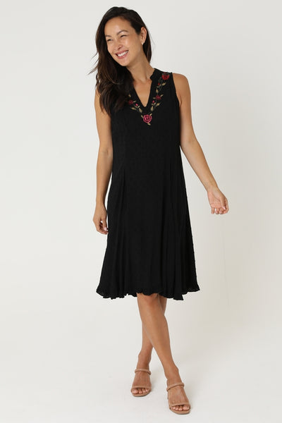 Sleeveless Summer Black Dress with Embroidered Floral Neckline