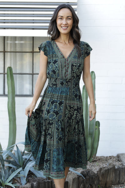 Tiered Dress with Flutter Sleeves ~ Green Print