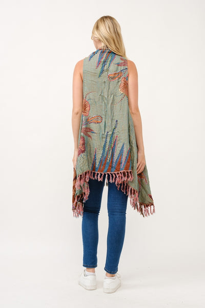 Embroidered Long Vest ~ Green & Mocha