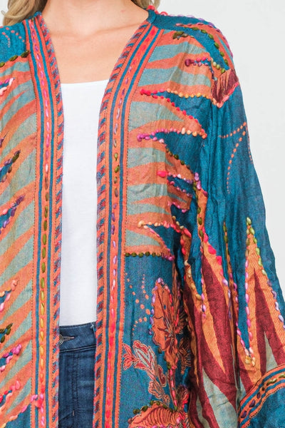 Gorgeous Embroidered Kimono Duster ~ Teal & Cinnamon