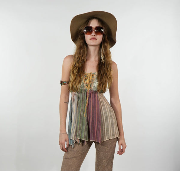 Cotton Patchwork Tank Top ~ Tan & Cream