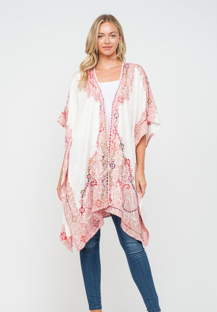 Embroidered Kimono Jacket ~ White & Coral